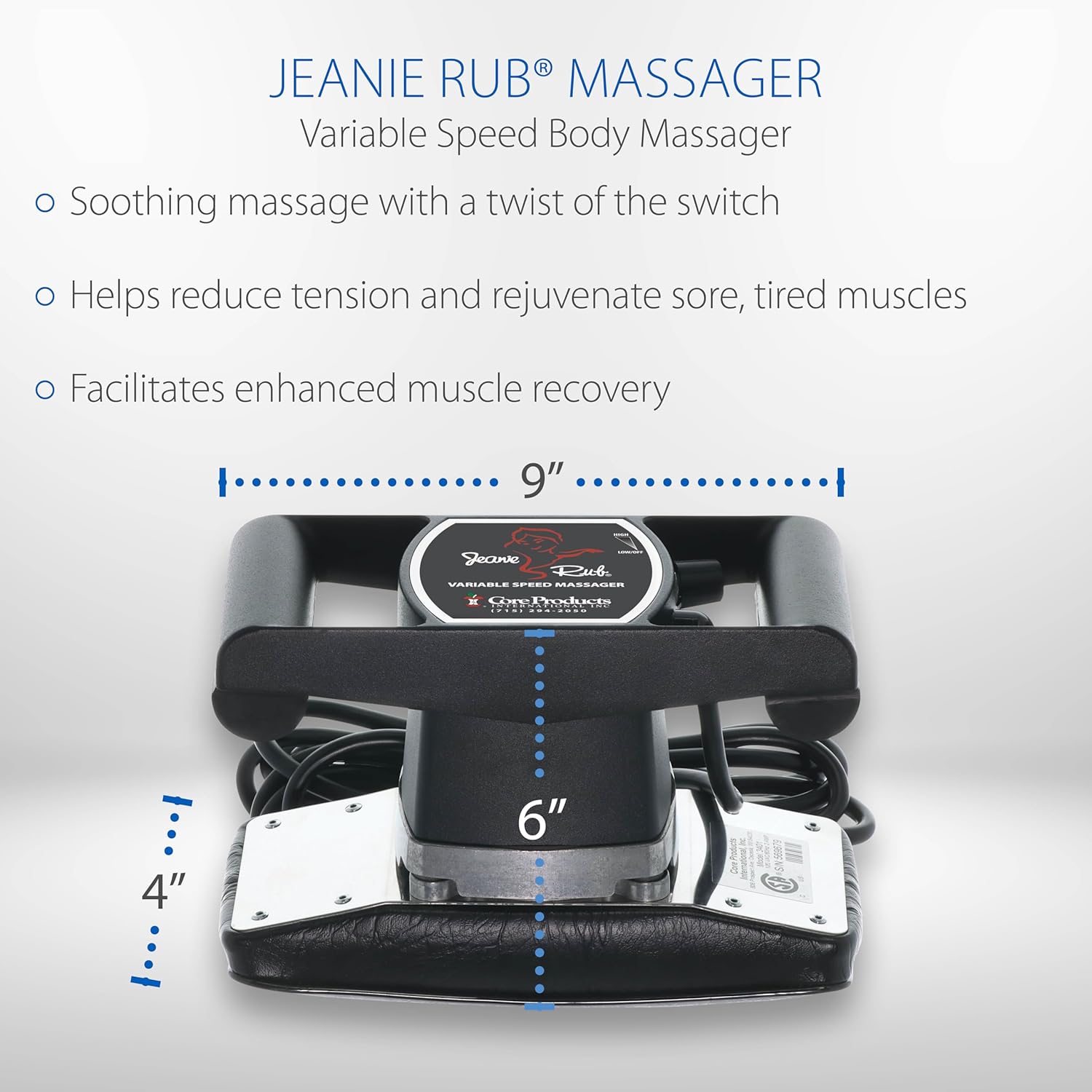 Core Products Jeanie Rub Variable Speed Massager, Deep Tissue Back & Shoulder Massager for Pain Relief, Body Massager for Back, Neck, Lower Back & Cellulite Massage